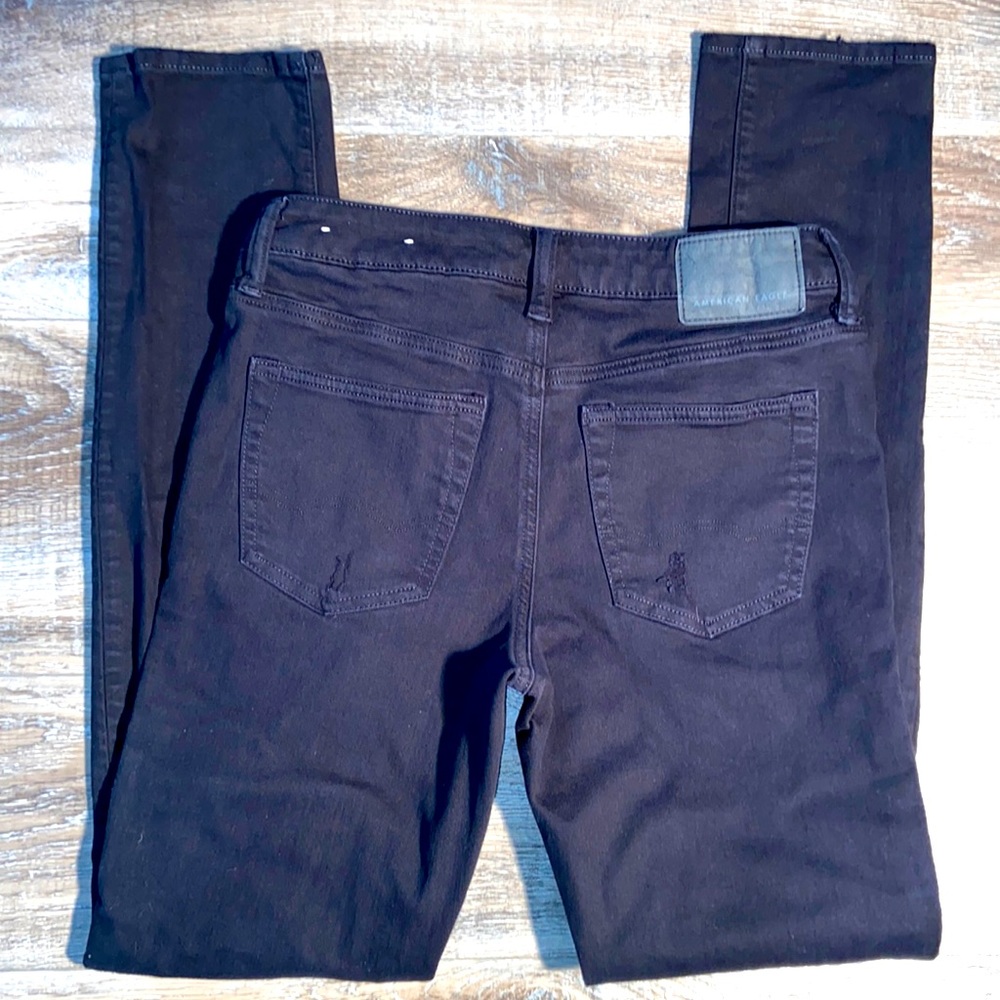American Eagle air flex +, slim black denim, factory holes, 30 x 32